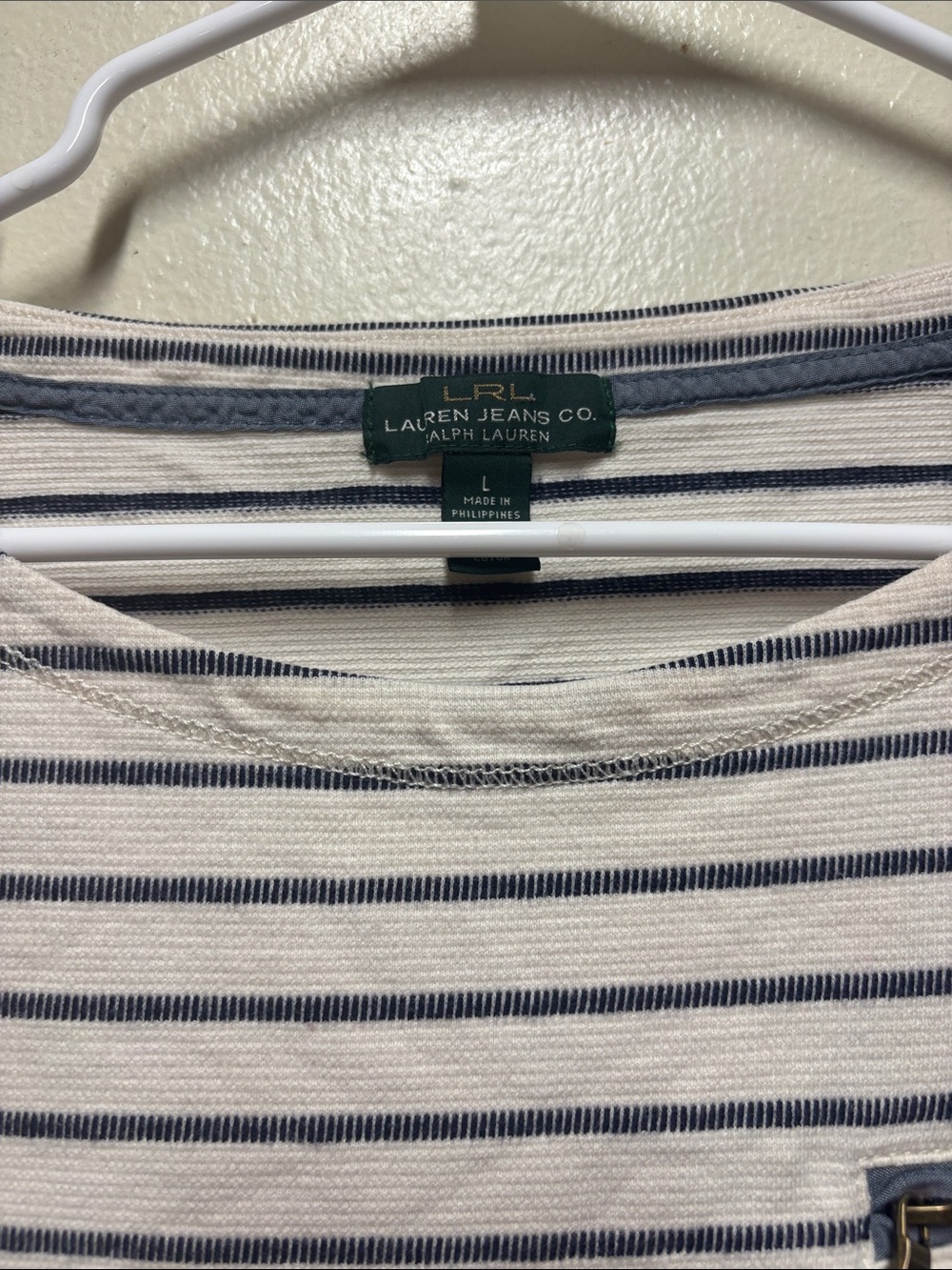 Lauren Ralph Lauren Top Women Large Stripe Cotton Long Sleeve Zip Pocket - Picture 2 of 4